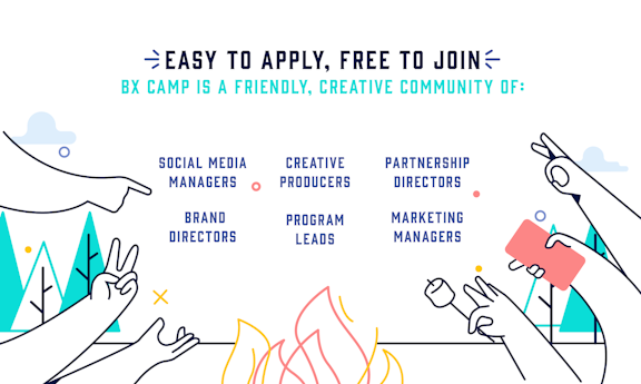 Illustration featuring departments and jobs that may be interested in joining BX Camp. Roles include: Social Media Managers, Brand Directors, Creative Producers, Program Leads, Partnership Directors, Marketing Managers